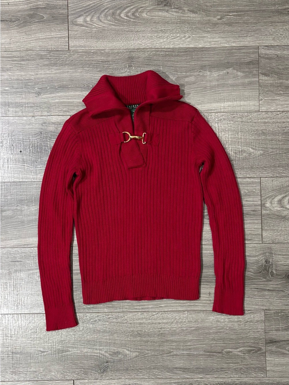 Lauren Ralph Lauren Red Ribbed Cotton Sweater Gold Horsebit Clasp Collared sizeS
